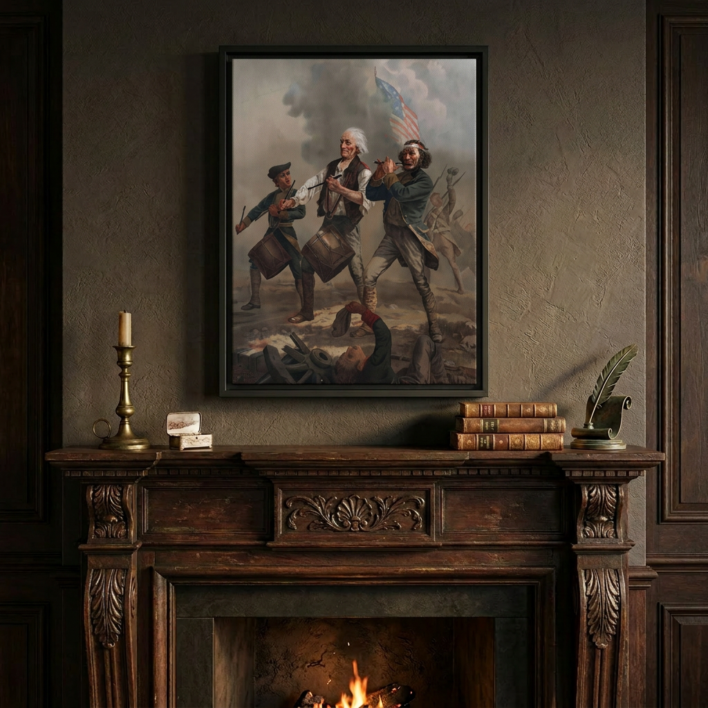 Spirit of '76 framed canvas above an aged carved dark mahogany fireplace mantel in a scholarly study