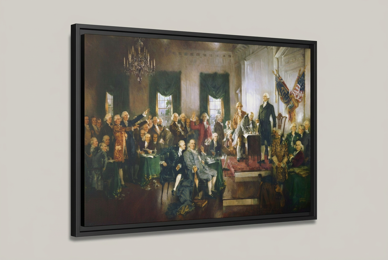 Three-quarter angled studio view of Scene at the Signing of the Constitution floating frame canvas showing black frame depth and reveal gap on a light gray background
