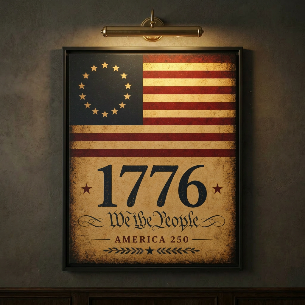 Close-up of the 1776 Betsy Ross flag framed canvas on a dark charcoal wall lit by a brass picture light