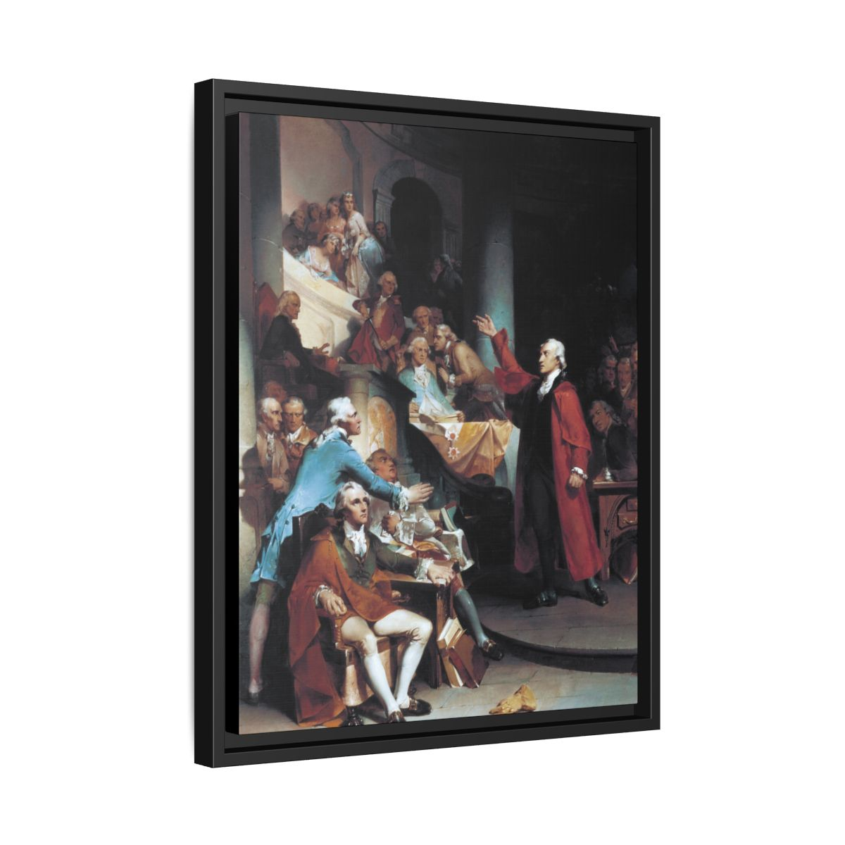 Angled three-quarter view of the Patrick Henry Speech floating frame canvas showing depth and floating reveal