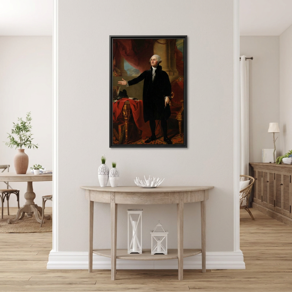 Lansdowne Portrait of George Washington framed canvas hung above a demi-lune console table in a bright airy entryway