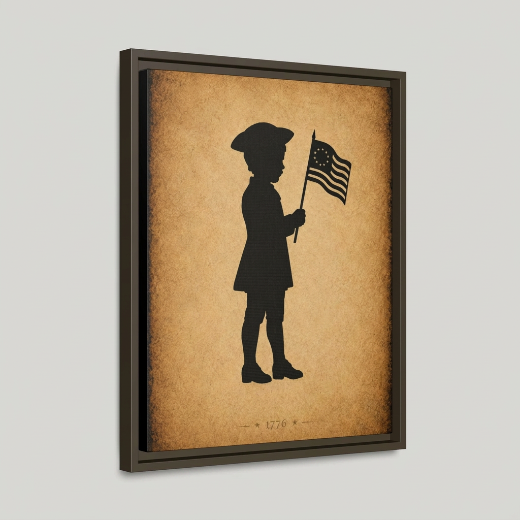 Three-quarter angled studio view of the Patriot Boy with Betsy Ross Flag floating frame canvas showing black frame depth and reveal gap on a light gray background
