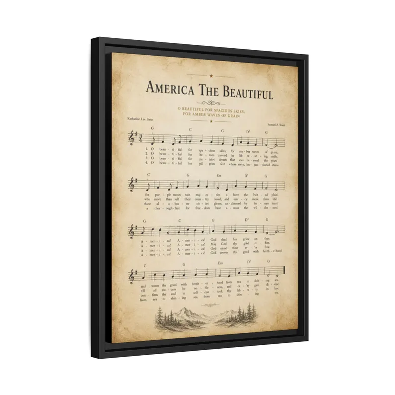 Angled three-quarter view of the America The Beautiful vintage sheet music floating frame canvas showing depth and reveal gap