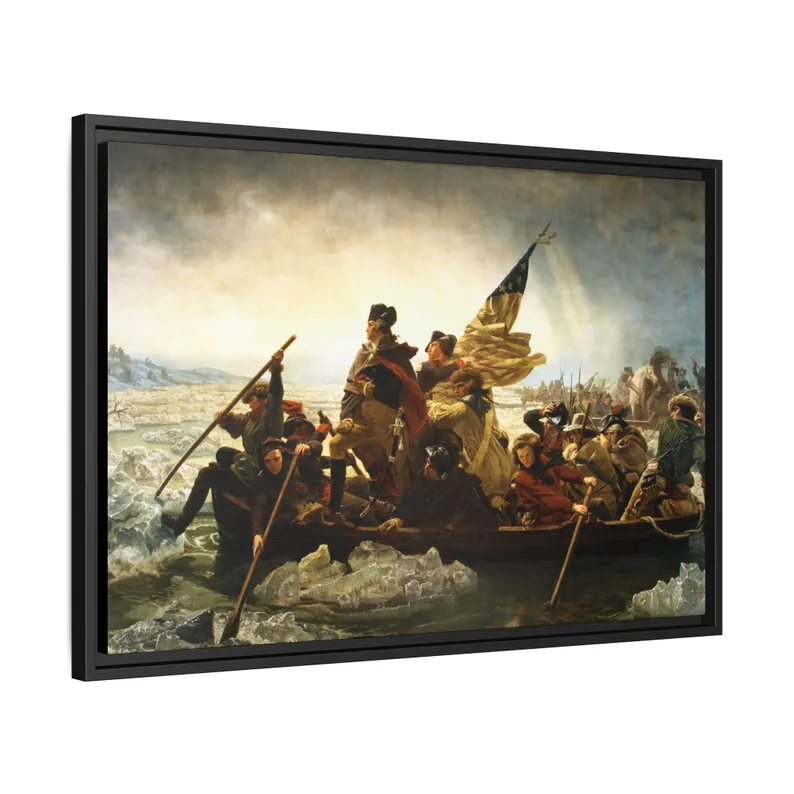 Angled three-quarter view of the Washington Crossing the Delaware floating frame canvas showing depth and floating reveal