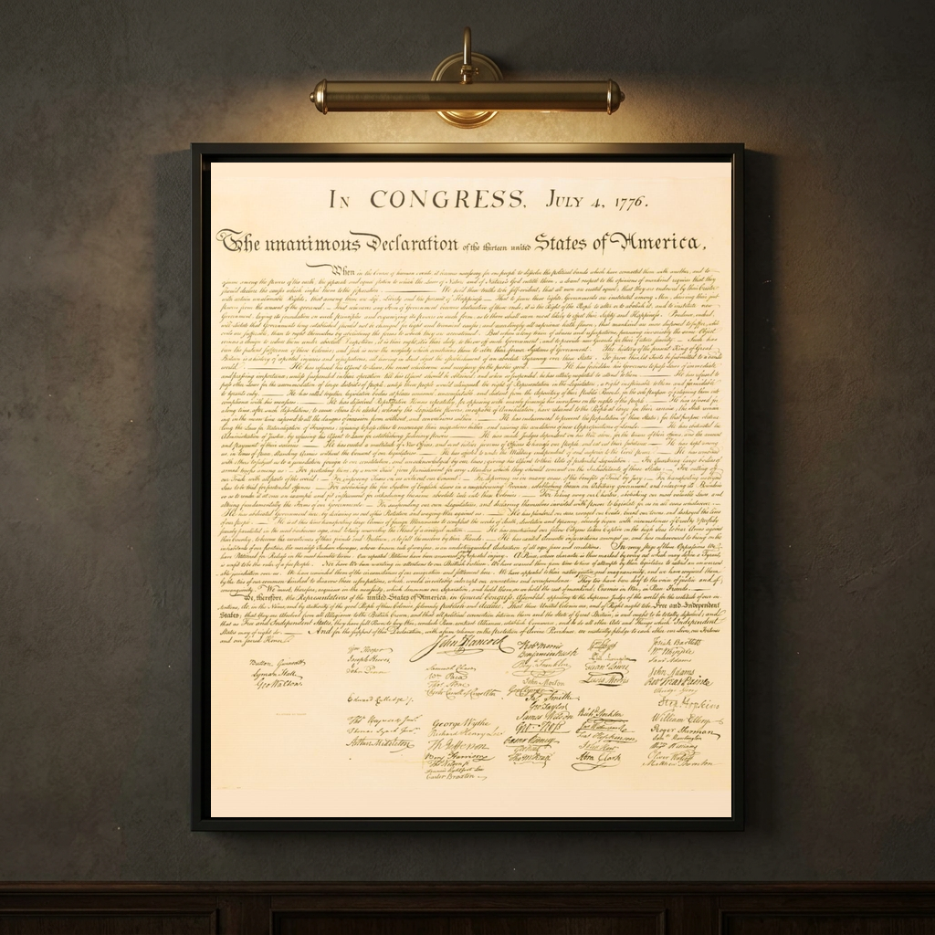 Close-up of the aged Declaration of Independence framed canvas on a dark wall lit by a brass picture light