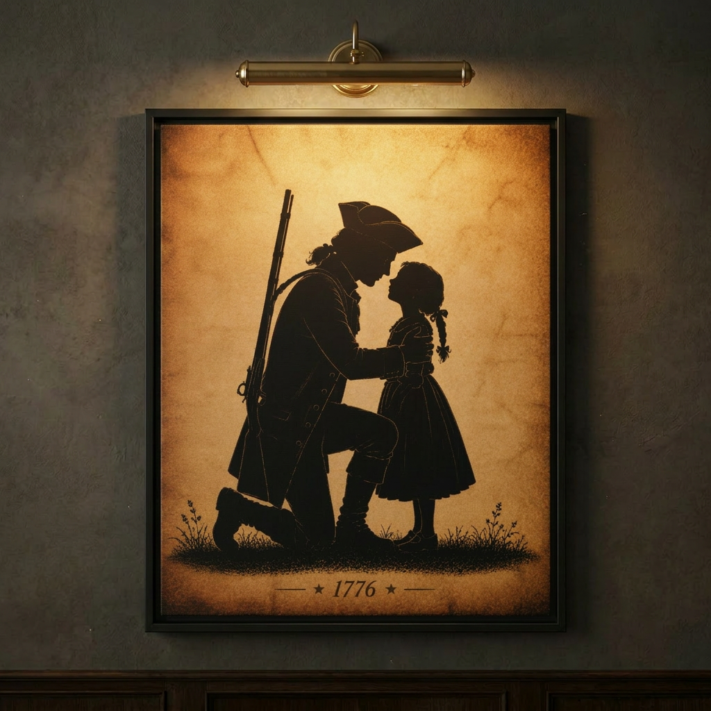 Close-up of the 1776 Revolutionary War soldier and daughter silhouette framed canvas on a dark wall lit by a brass picture light