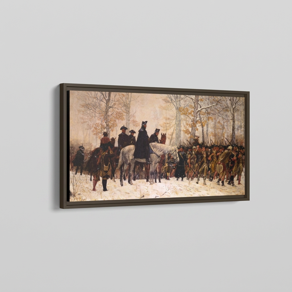 Angled three-quarter view of the Valley Forge March panoramic floating frame canvas showing depth and floating reveal