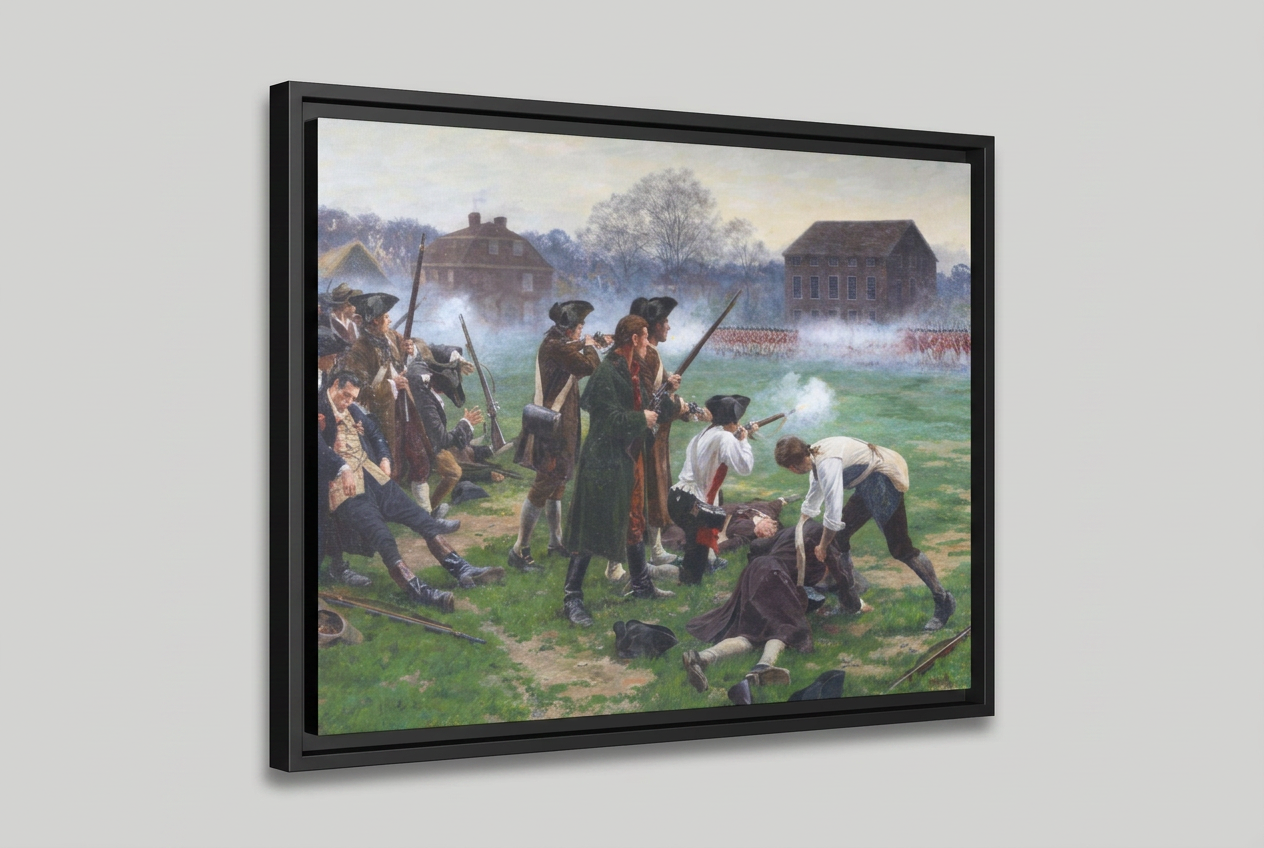 Three-quarter angled studio view of The Battle of Lexington floating frame canvas showing black frame depth and reveal gap on a light gray background