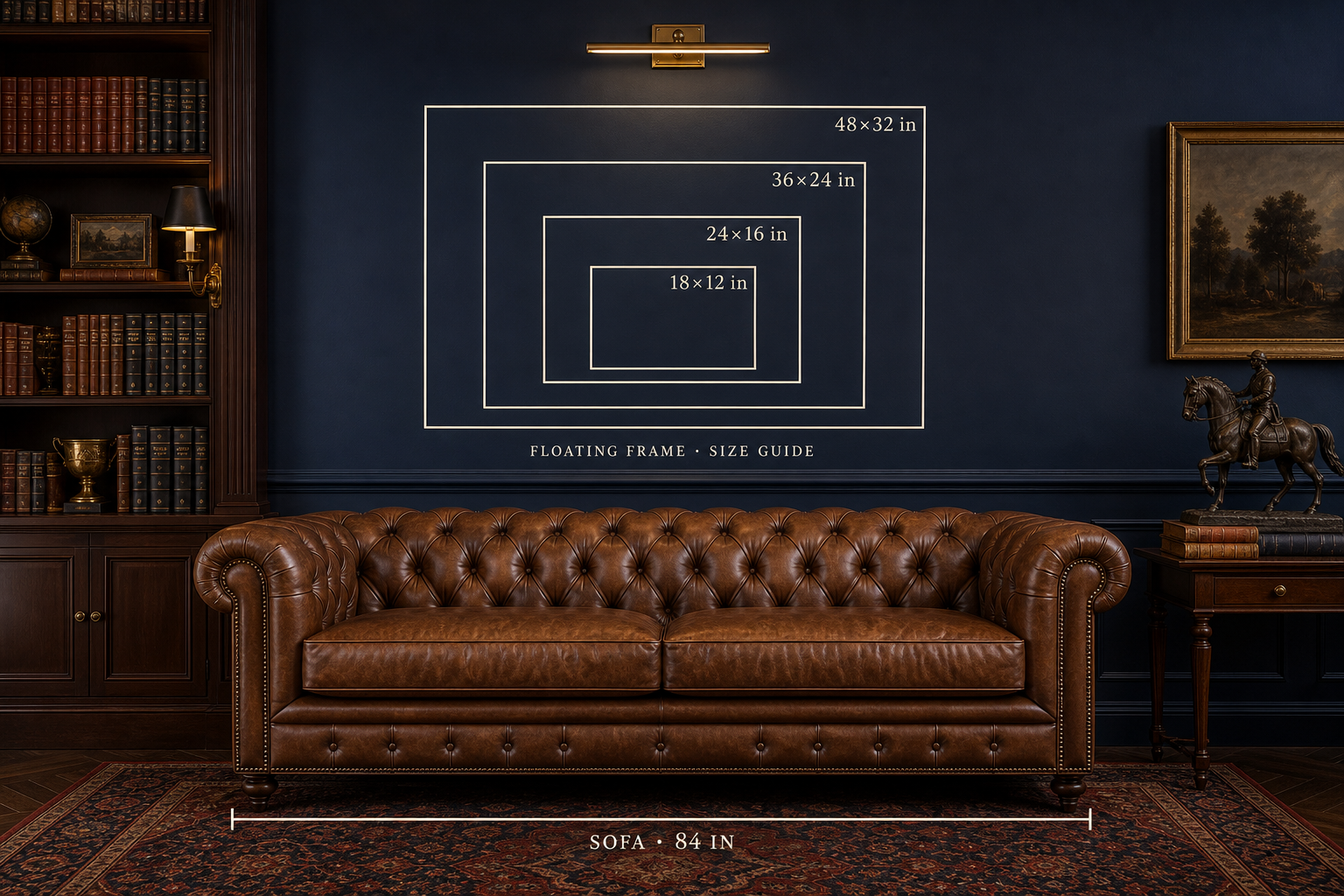 Floating frame size chart — 18x12, 24x16, 36x24, and 48x32 shown to scale