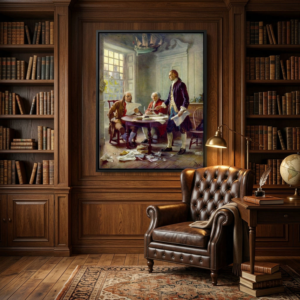 Writing the Declaration of Independence framed canvas in a wood-paneled gentleman's library with leather Chesterfield chair