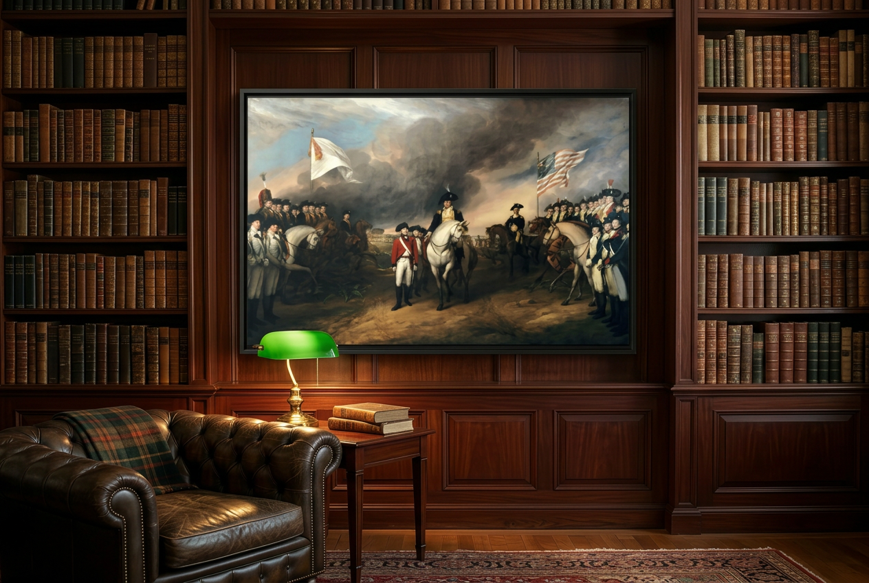 Surrender of Cornwallis at Yorktown framed canvas hung in a wood-paneled library with leather Chesterfield chair
