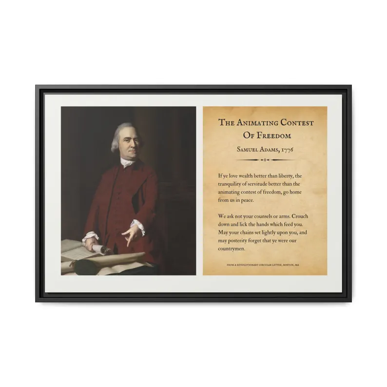 Angled three-quarter view of the Samuel Adams Animating Contest of Freedom floating frame canvas showing depth and floating reveal