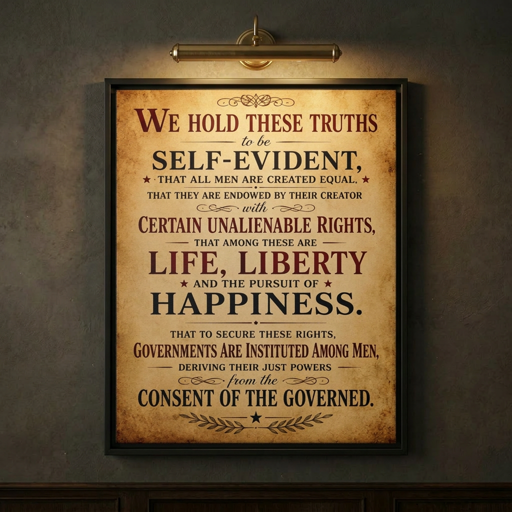 Close-up of the Declaration of Independence preamble vintage parchment framed canvas on a softly lit gallery wall