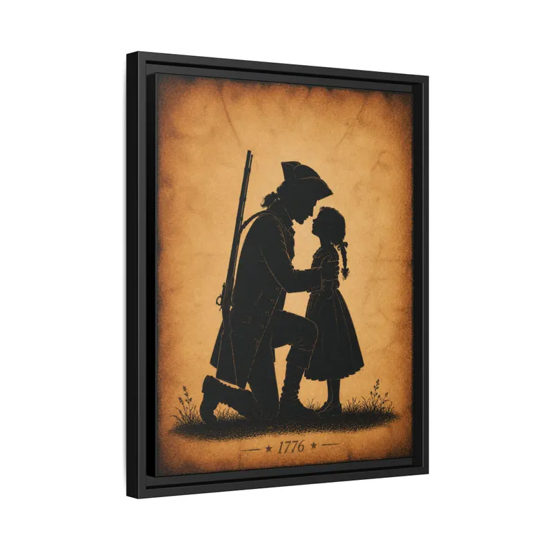 Three-quarter angled studio view of the 1776 soldier and daughter silhouette floating frame canvas showing black frame depth and reveal gap on a clean white background