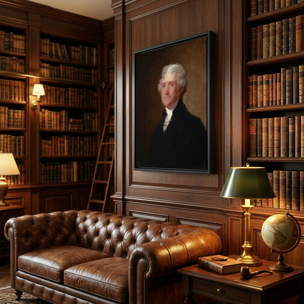 Thomas Jefferson portrait framed canvas in a wood-paneled gentleman's library with leather Chesterfield sofa, brass library lamp, and floor-to-ceiling bookshelves