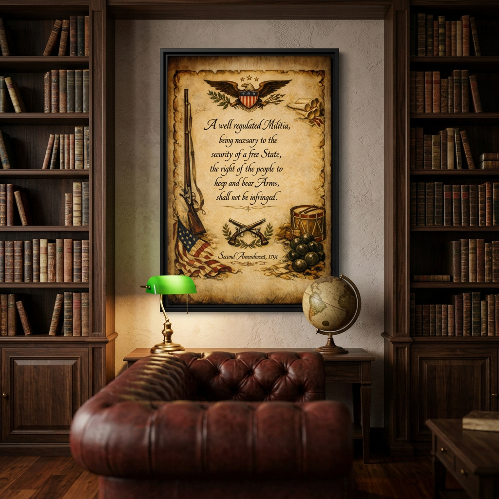Second Amendment framed canvas on a wall in a classic executive library with floor-to-ceiling walnut bookshelves, green banker's lamp, antique globe, and oxblood Chesterfield sofa