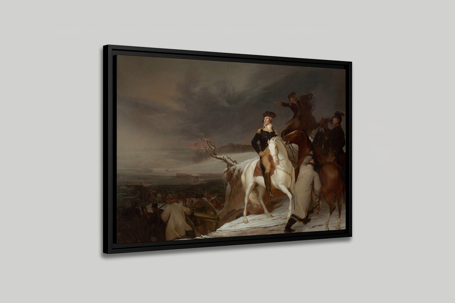 Three-quarter angled studio view of Thomas Sully's The Passage of the Delaware floating frame canvas showing black frame depth and reveal gap on a light gray background