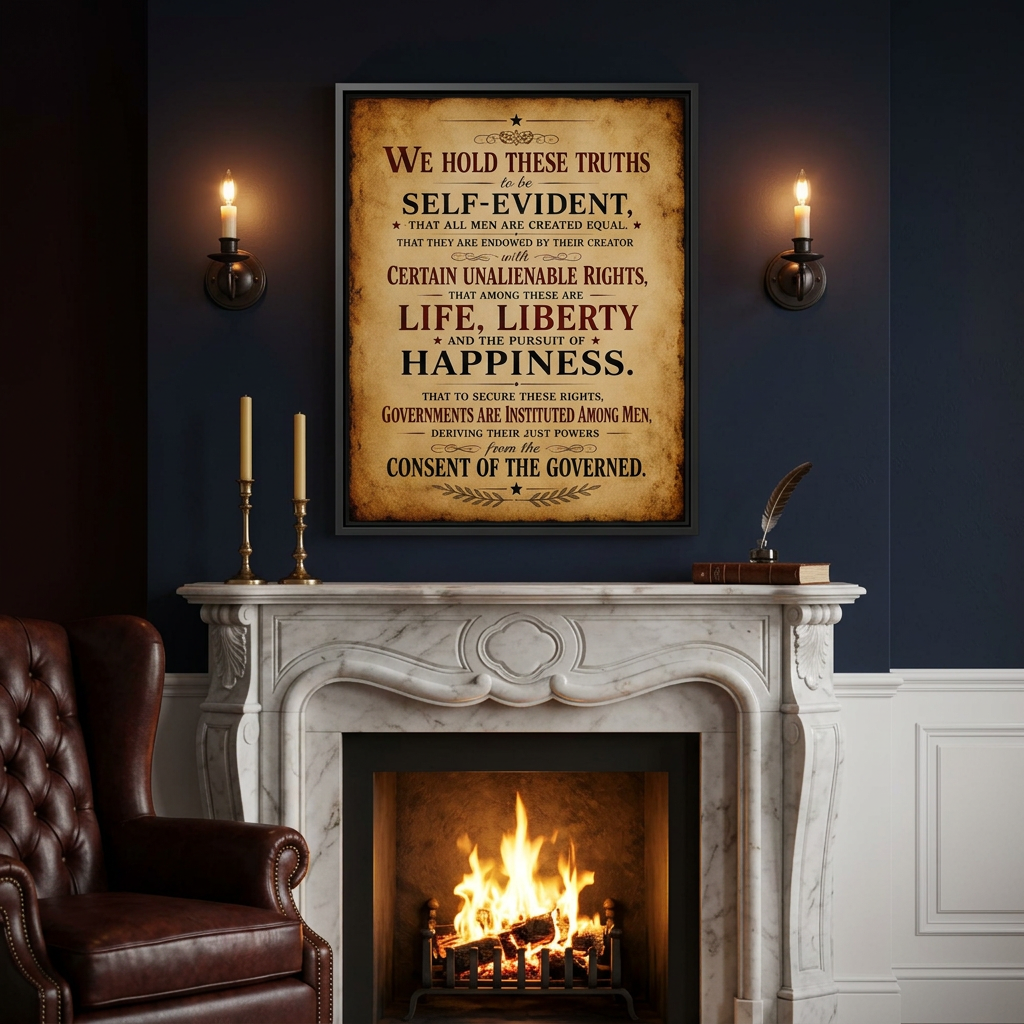 Declaration of Independence preamble framed canvas above a marble fireplace mantel in a deep navy Federal-style study with leather wingback chair and brass candlesticks