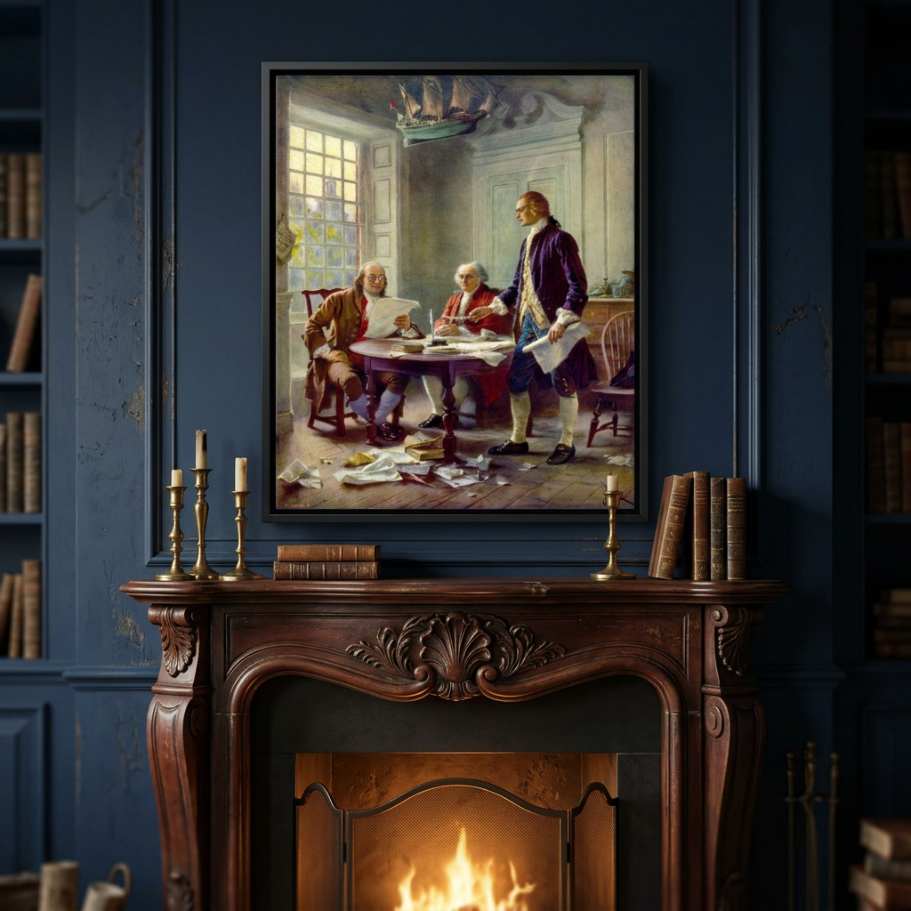 Writing the Declaration of Independence framed canvas above an aged carved dark mahogany fireplace mantel in a scholarly study