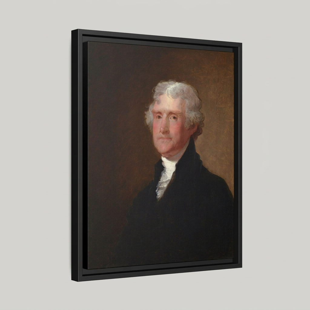 Three-quarter angled studio view of the Thomas Jefferson portrait floating frame canvas showing black frame depth and reveal gap on a light gray background
