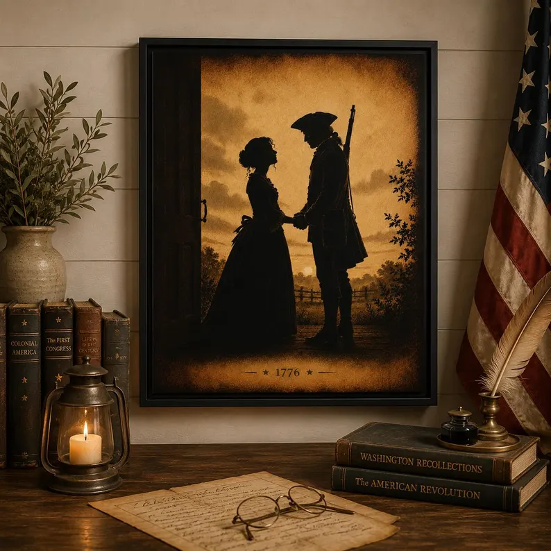 Close-up of the Colonial Soldier Farewell 1776 silhouette framed canvas on a paneled wall with brass lantern, vintage books, and an American flag