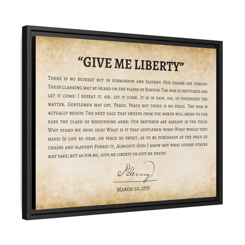 Angled three-quarter view of the Give Me Liberty speech floating frame canvas showing depth and floating reveal