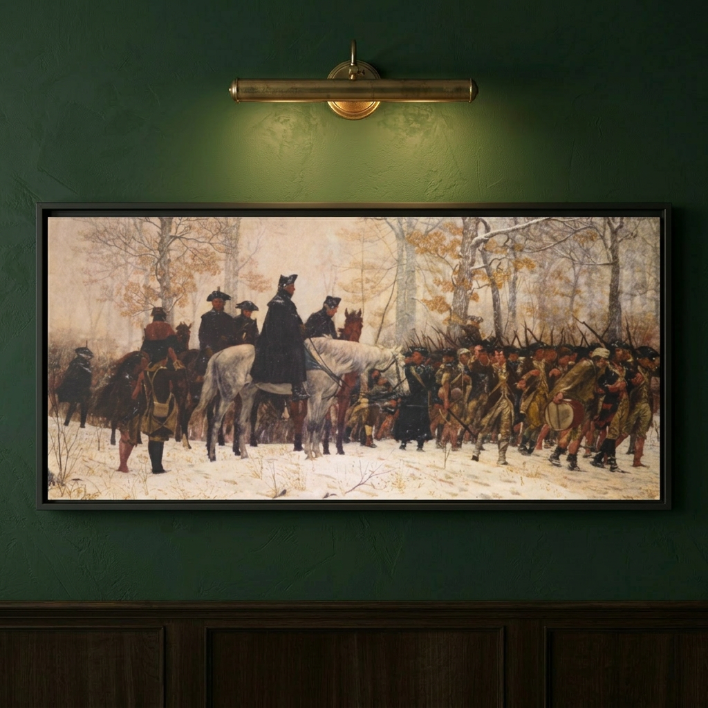 Close-up of the Valley Forge March panoramic framed canvas on a deep sage green wall lit by a brass picture light