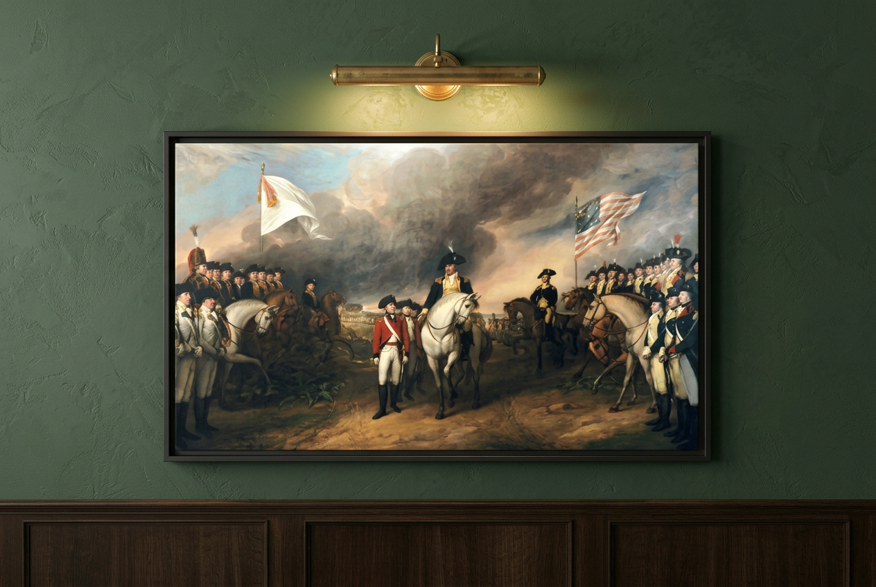 Close-up of the Surrender of Cornwallis at Yorktown framed canvas on a deep sage green wall lit by a brass picture light