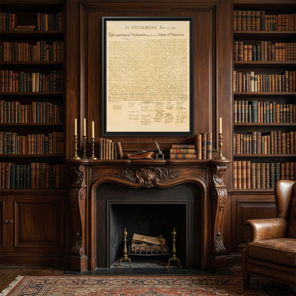 Aged Declaration of Independence framed canvas above an aged carved dark mahogany fireplace mantel in a scholarly study