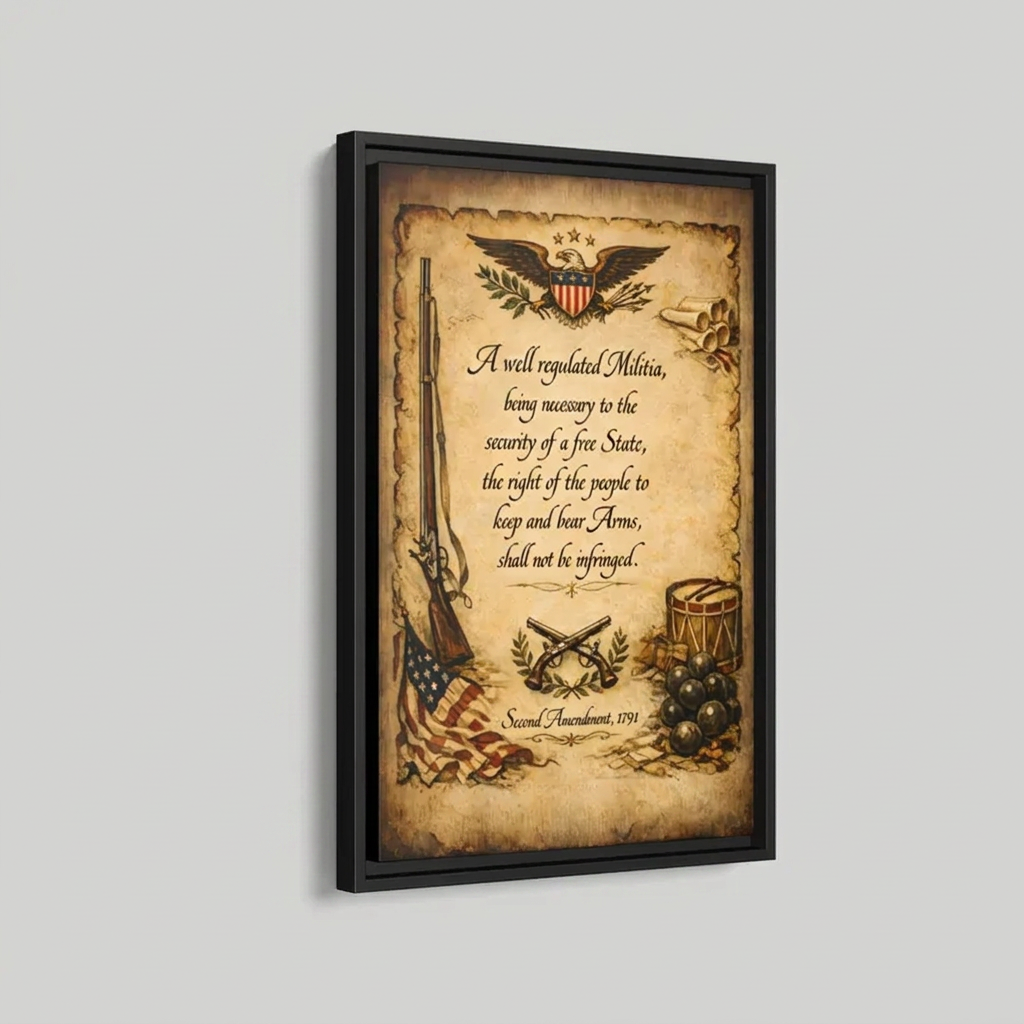 Angled three-quarter view of the Second Amendment floating frame canvas showing depth and reveal gap on a light gray studio background