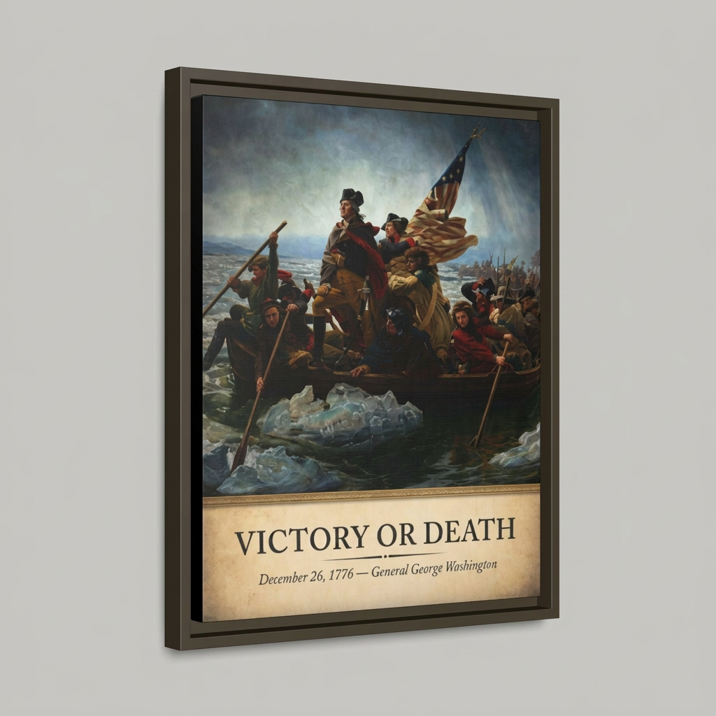 Three-quarter angled studio view of the Victory or Death floating frame canvas showing black frame depth and reveal gap on a light gray background