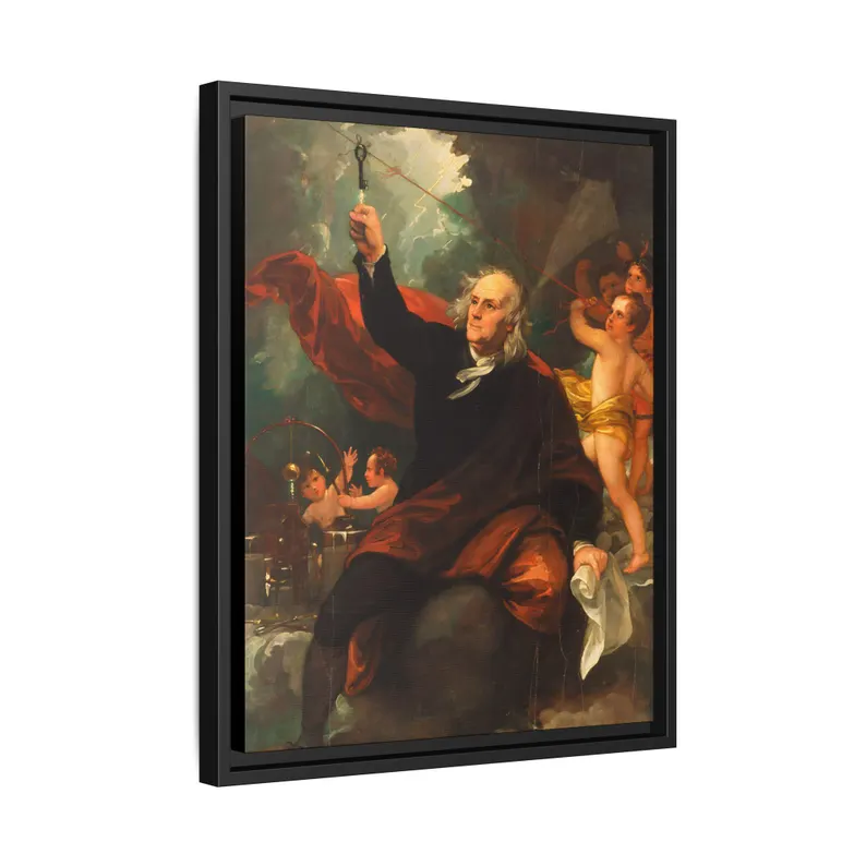 Angled three-quarter view of the portrait floating frame canvas showing depth and floating reveal