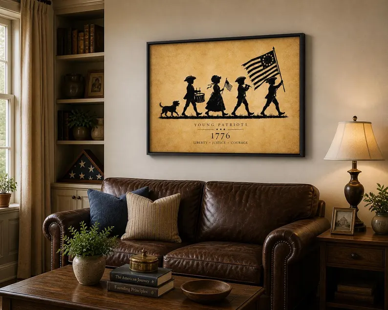 Young Patriots 1776 framed canvas displayed above a leather Chesterfield sofa in a classic living room with built-in bookshelves, warm lamplight, and American heritage decor