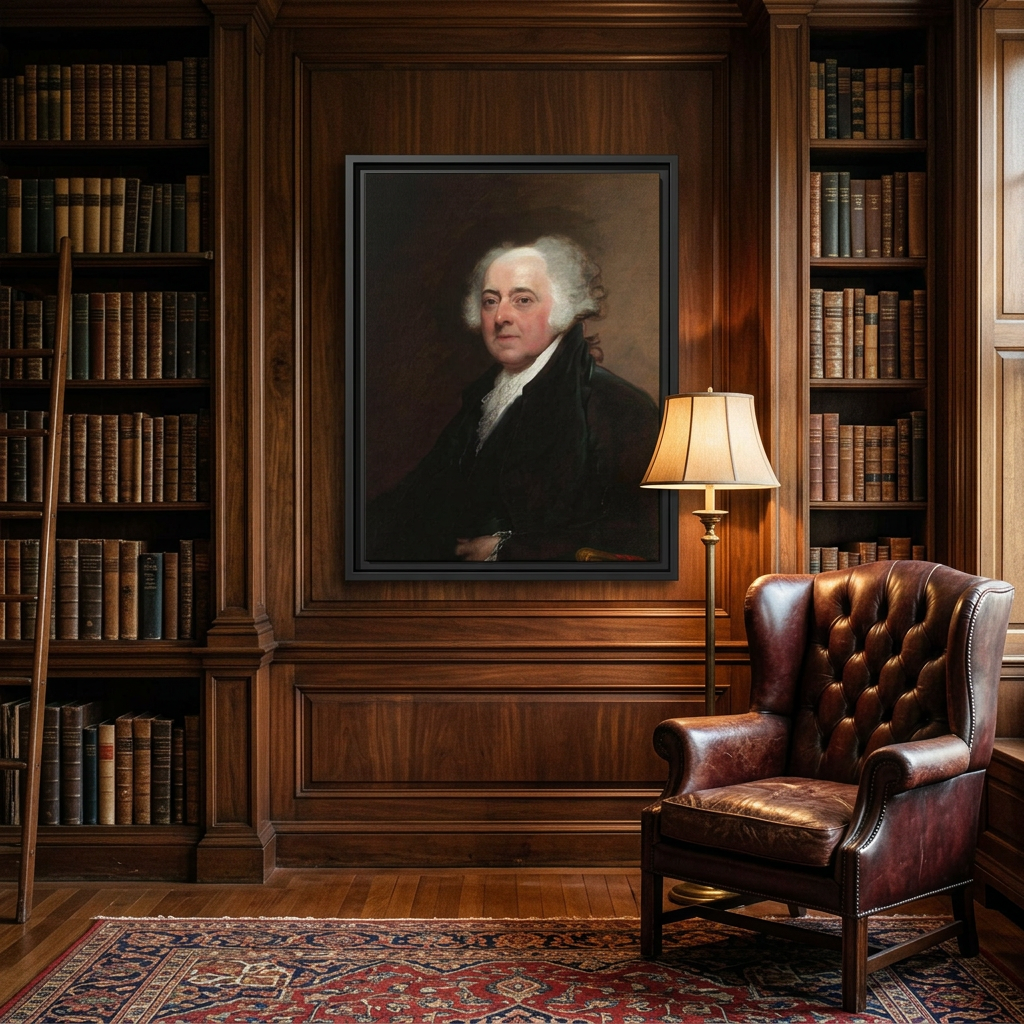 John Adams framed canvas in a wood-paneled gentleman's library with leather Chesterfield chair