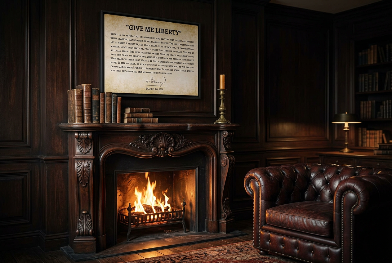 Give Me Liberty speech framed canvas above an aged carved dark mahogany fireplace mantel in a scholarly study