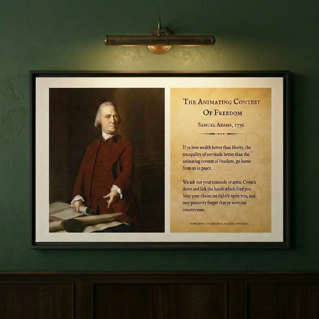 Close-up of the Samuel Adams Animating Contest of Freedom framed canvas on a deep sage green wall lit by a brass picture light