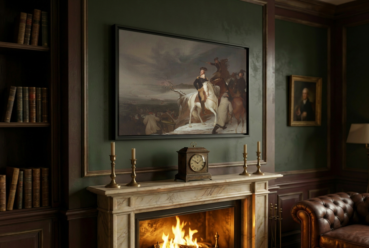 Thomas Sully's The Passage of the Delaware framed canvas above a marble fireplace mantel in a wood-paneled study
