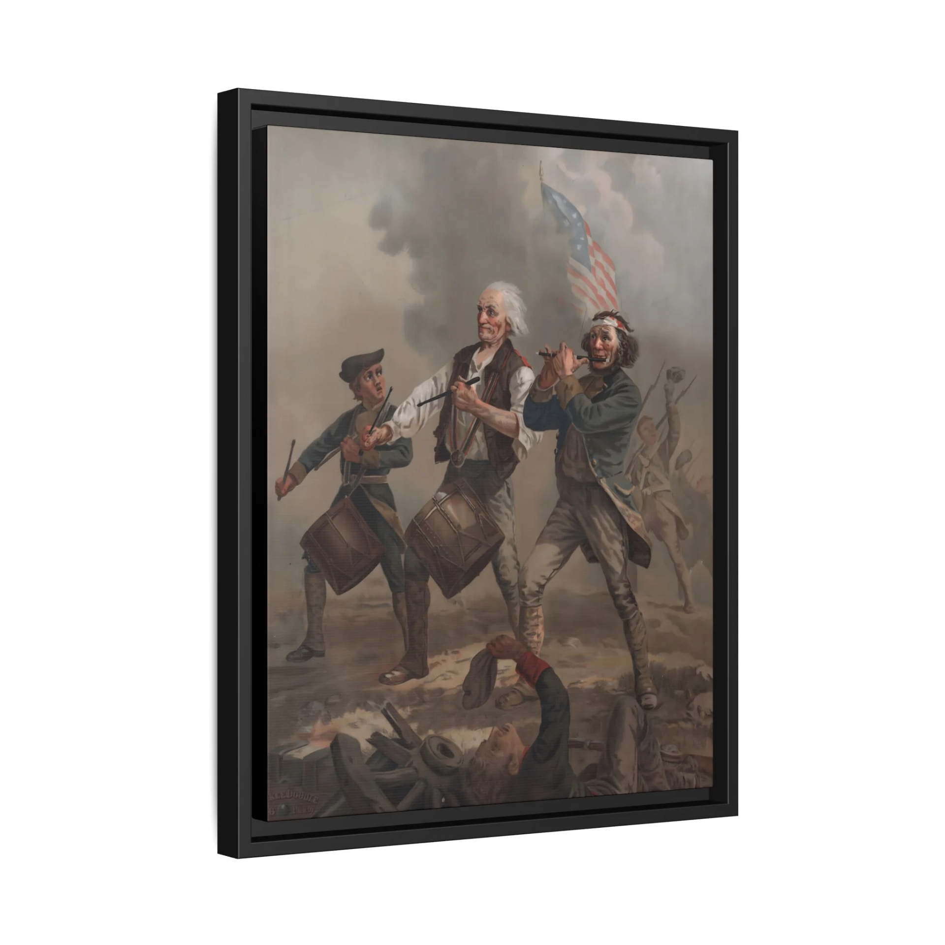 Angled three-quarter view of the Spirit of '76 floating frame canvas showing depth and floating reveal
