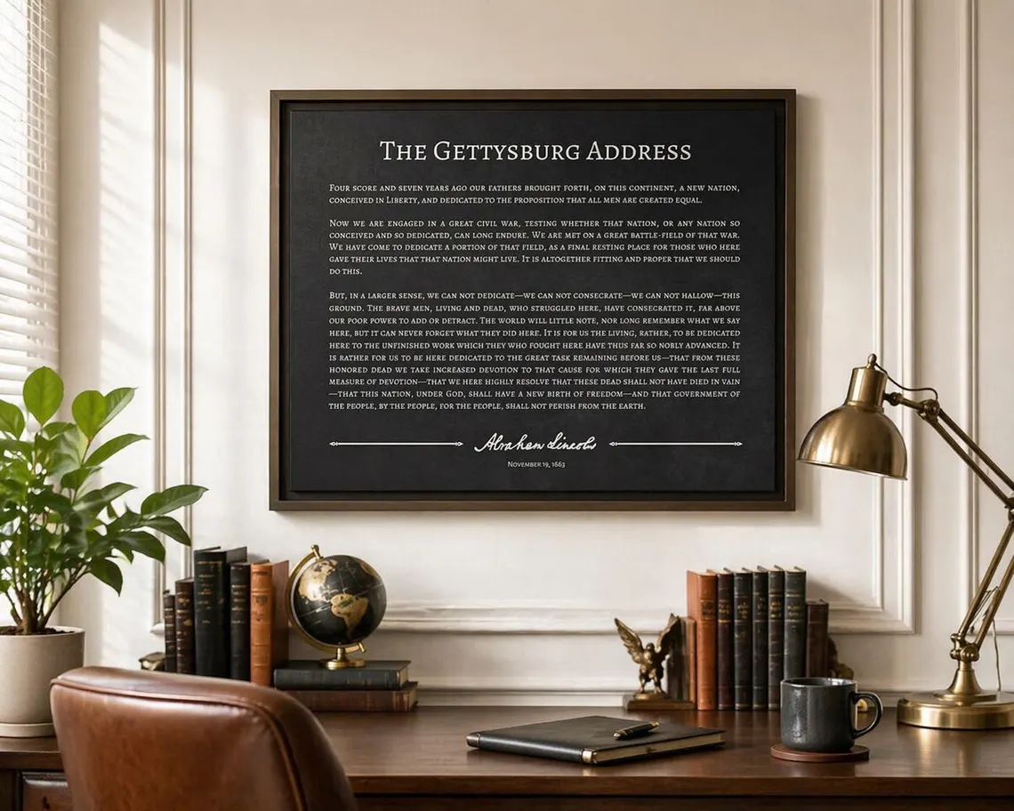 Gettysburg Address framed canvas hung in a wood-paneled library with leather Chesterfield chair