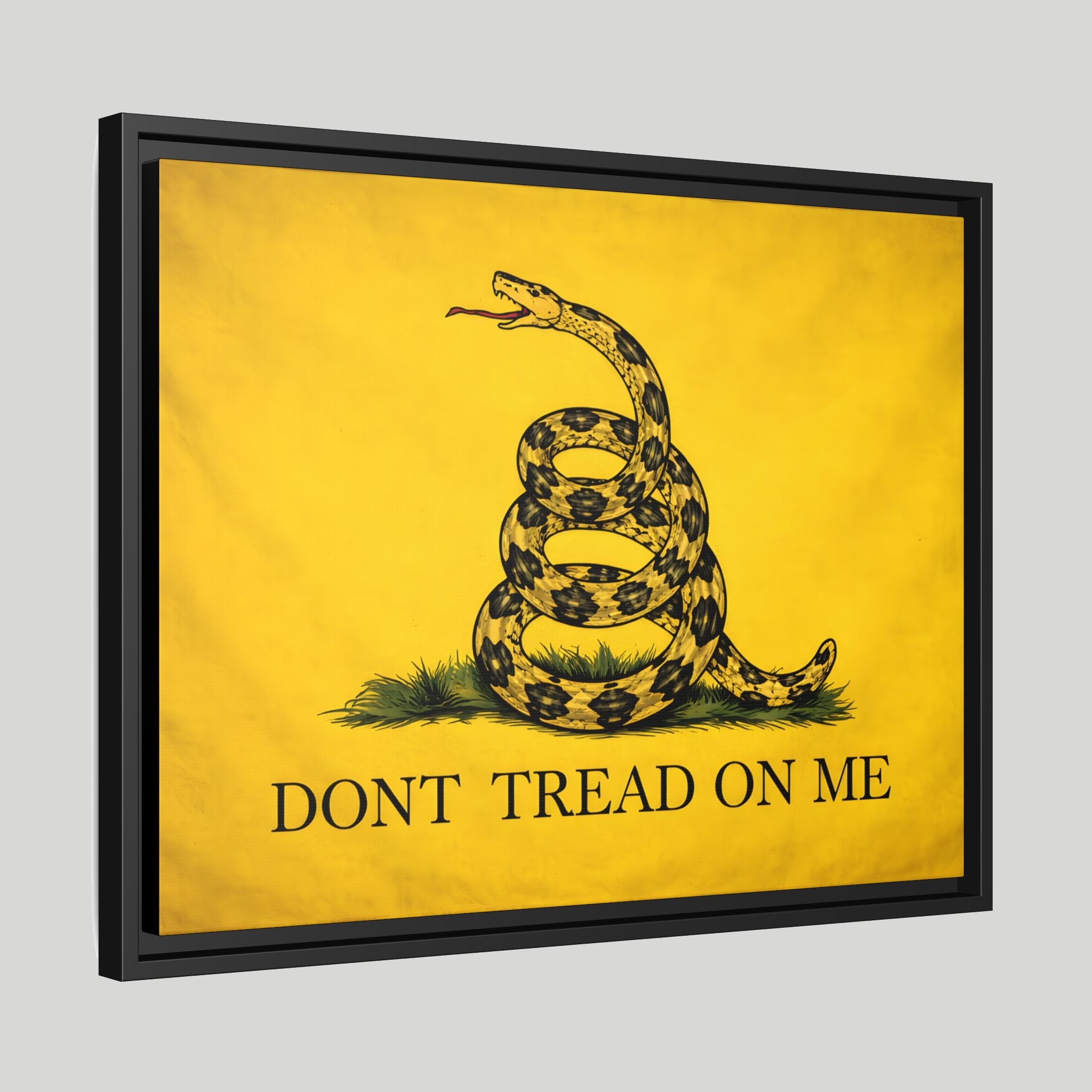 Three-quarter angled studio view of the Gadsden Flag floating frame canvas showing frame depth and reveal gap on a light gray background