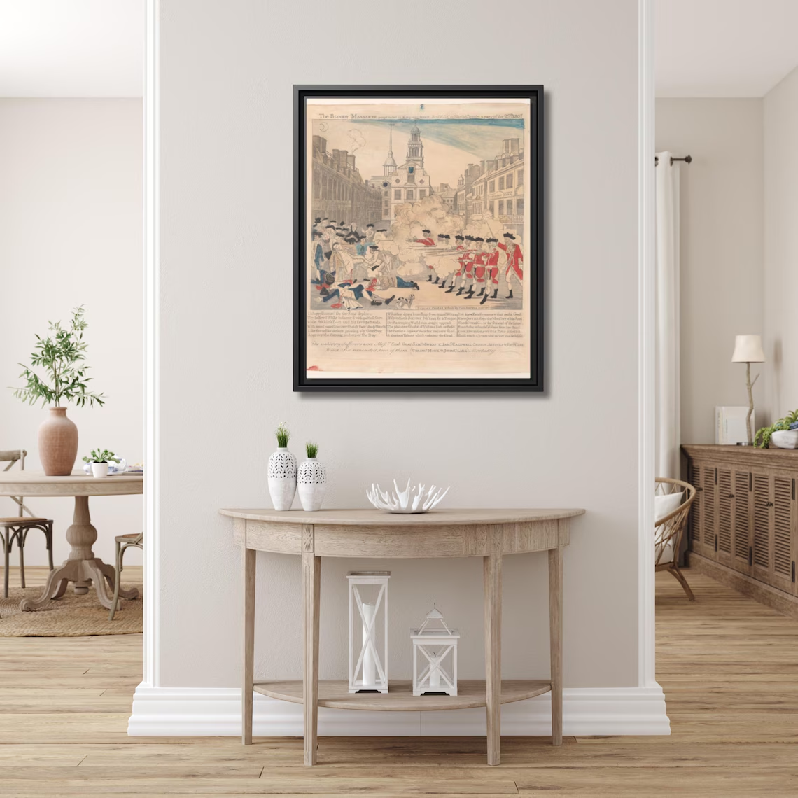 Paul Revere's Boston Massacre engraving framed canvas in a wood-paneled gentleman's library with leather Chesterfield chair