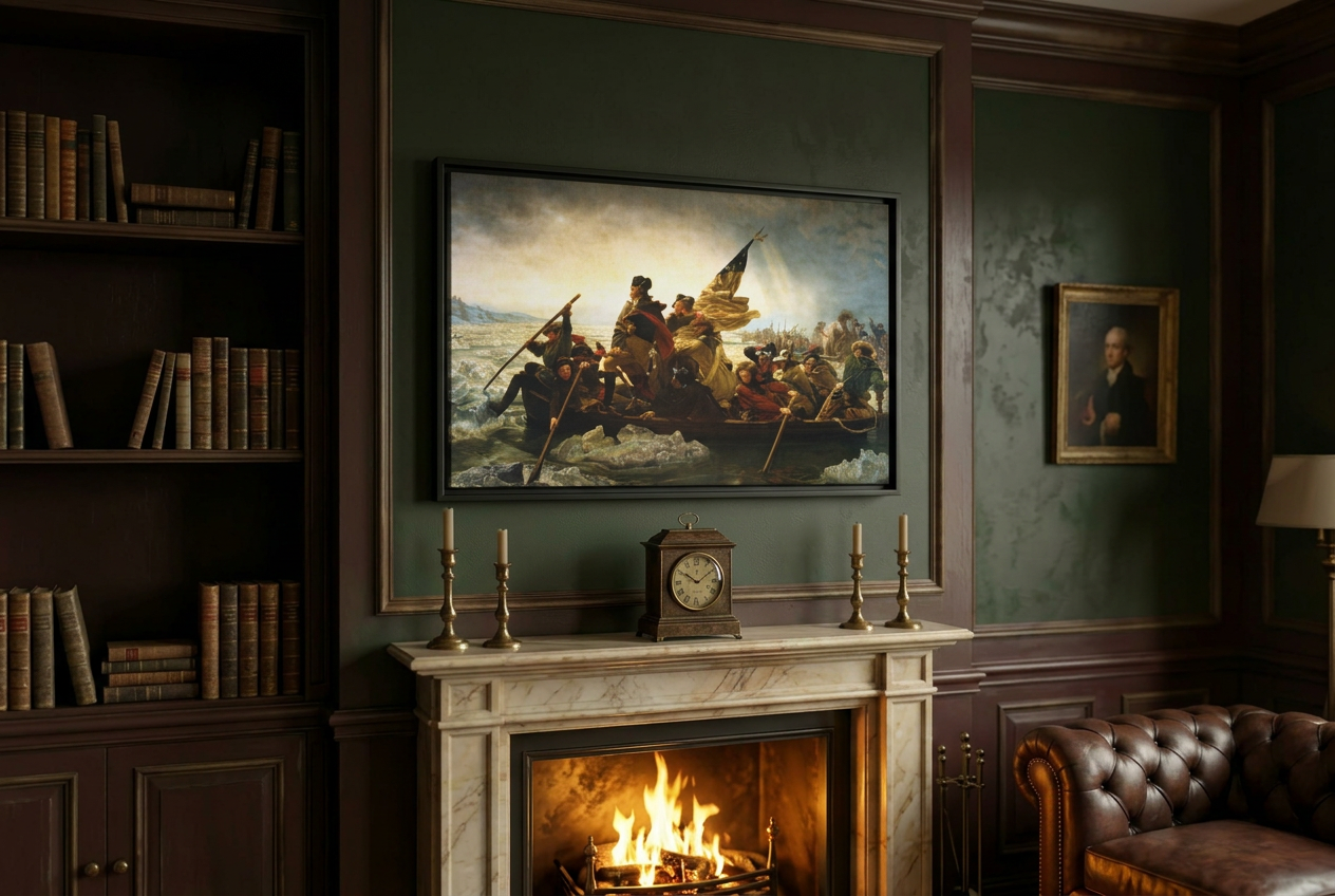 Washington Crossing the Delaware framed canvas above an aged carved dark mahogany fireplace mantel in a scholarly study