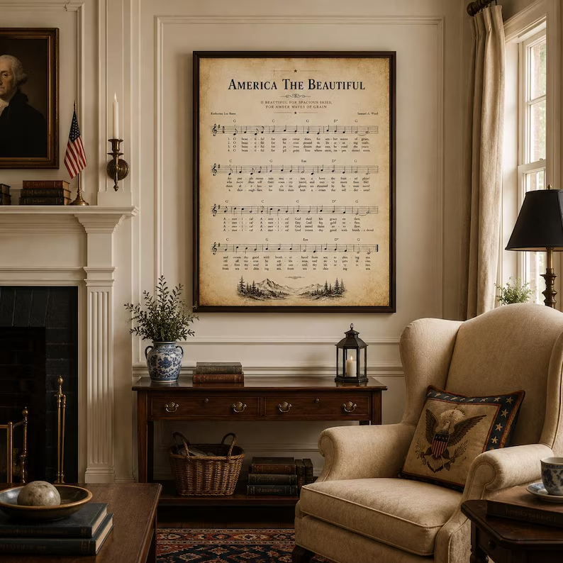 America The Beautiful vintage sheet music framed canvas in a classic Federal-style living room with fireplace, wingback chair, and American portrait
