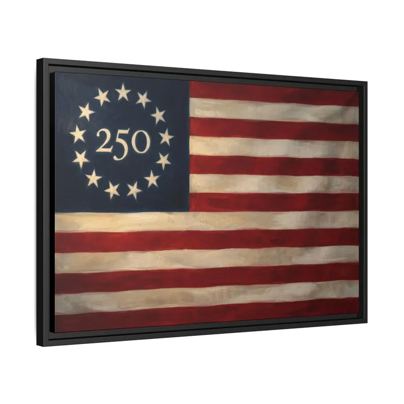 Three-quarter angled studio shot of the America 250th Anniversary Betsy Ross flag framed canvas in a black floating frame