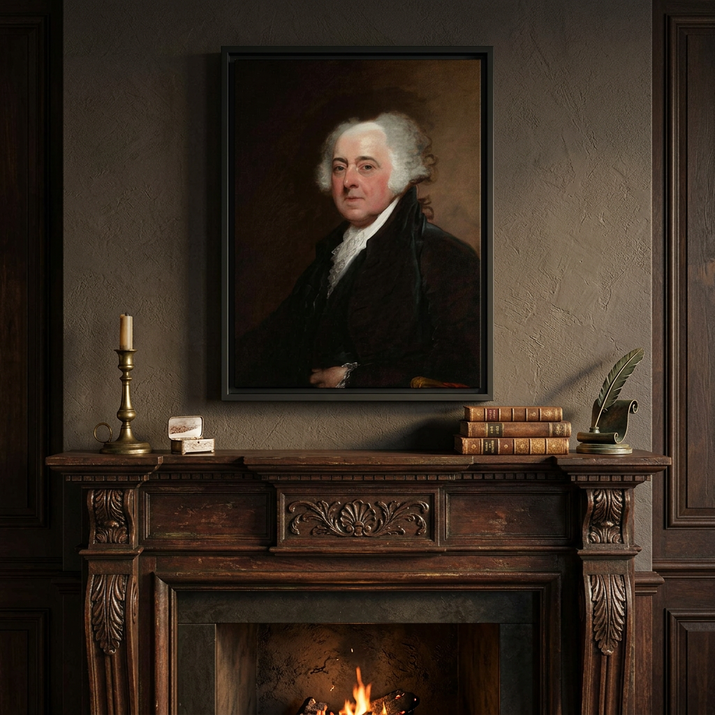 John Adams framed canvas above an aged carved dark mahogany fireplace mantel in a scholarly study