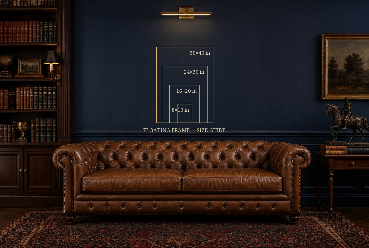 Floating frame size chart — 8x10, 16x20, 24x30, and 30x40 shown to scale above a Chesterfield sofa