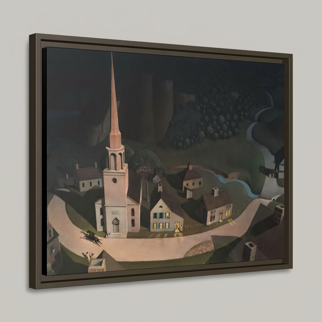 Three-quarter angled studio view of The Midnight Ride of Paul Revere floating frame canvas showing frame depth and reveal gap on a light gray background