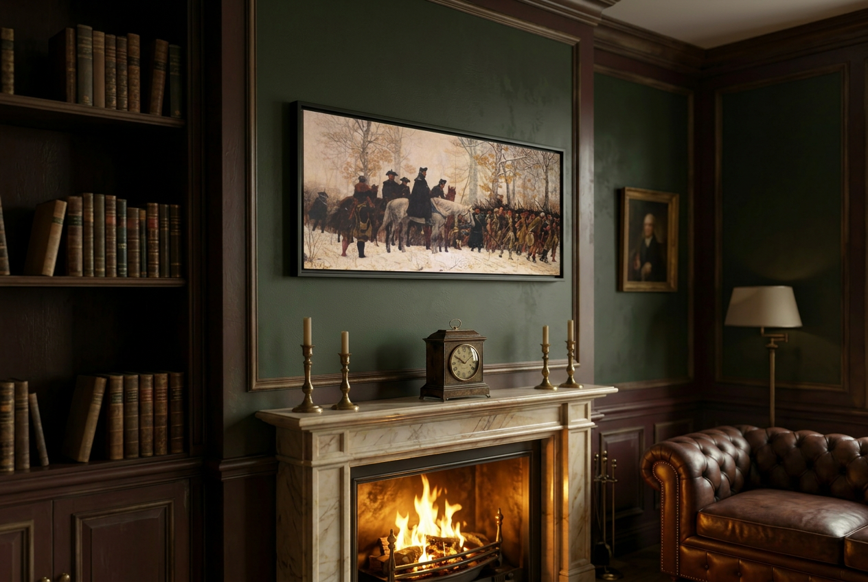 Valley Forge March panoramic framed canvas above a marble fireplace mantel in a wood-paneled study