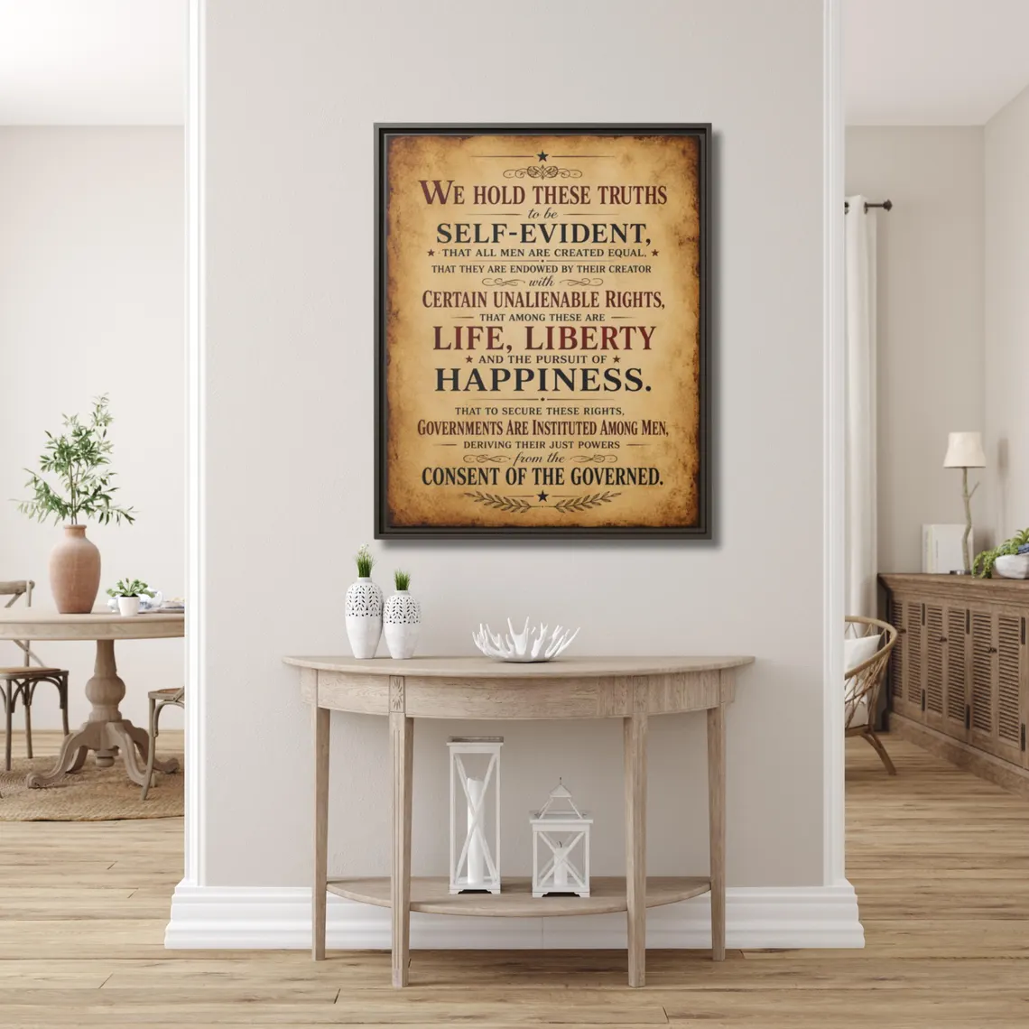Declaration of Independence preamble framed canvas in a warm wood-paneled private library with mahogany shelves, brass banker's lamp, and globe