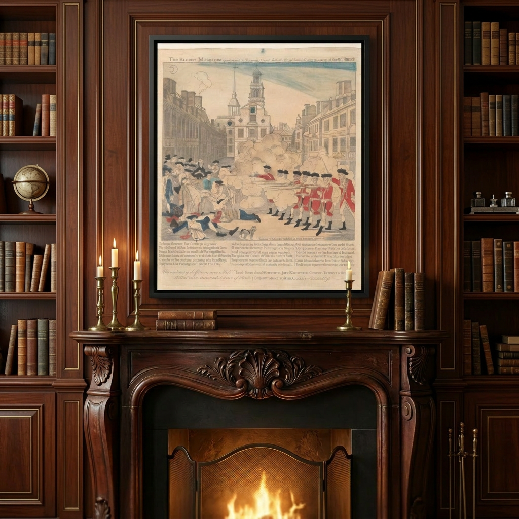 Paul Revere's Boston Massacre engraving framed canvas above an aged carved dark mahogany fireplace mantel in a scholarly study
